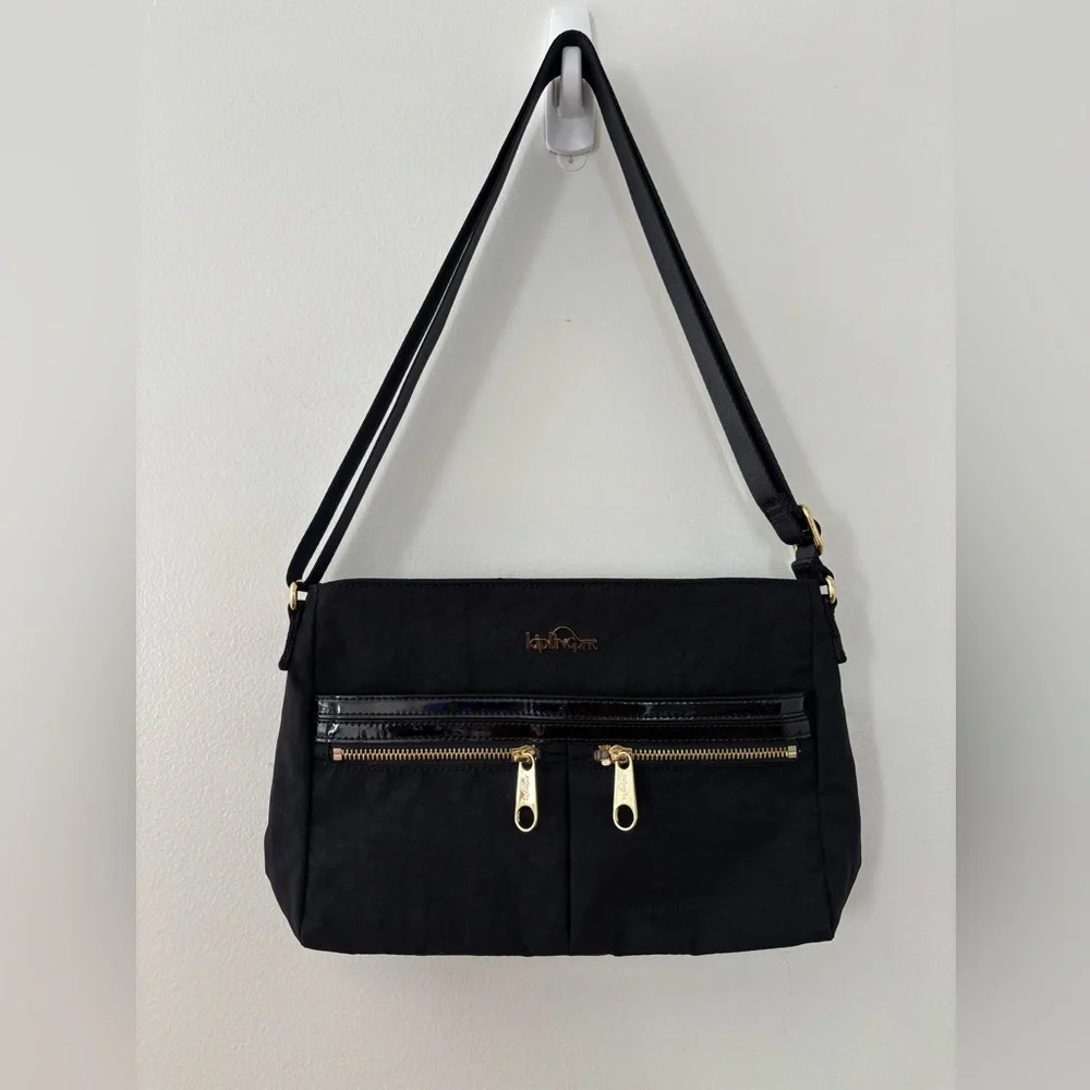 Kipling Shoulder/Crossbody Bag Black Gold Hardware Like New Double Front Pockets - Picture 1 of 7